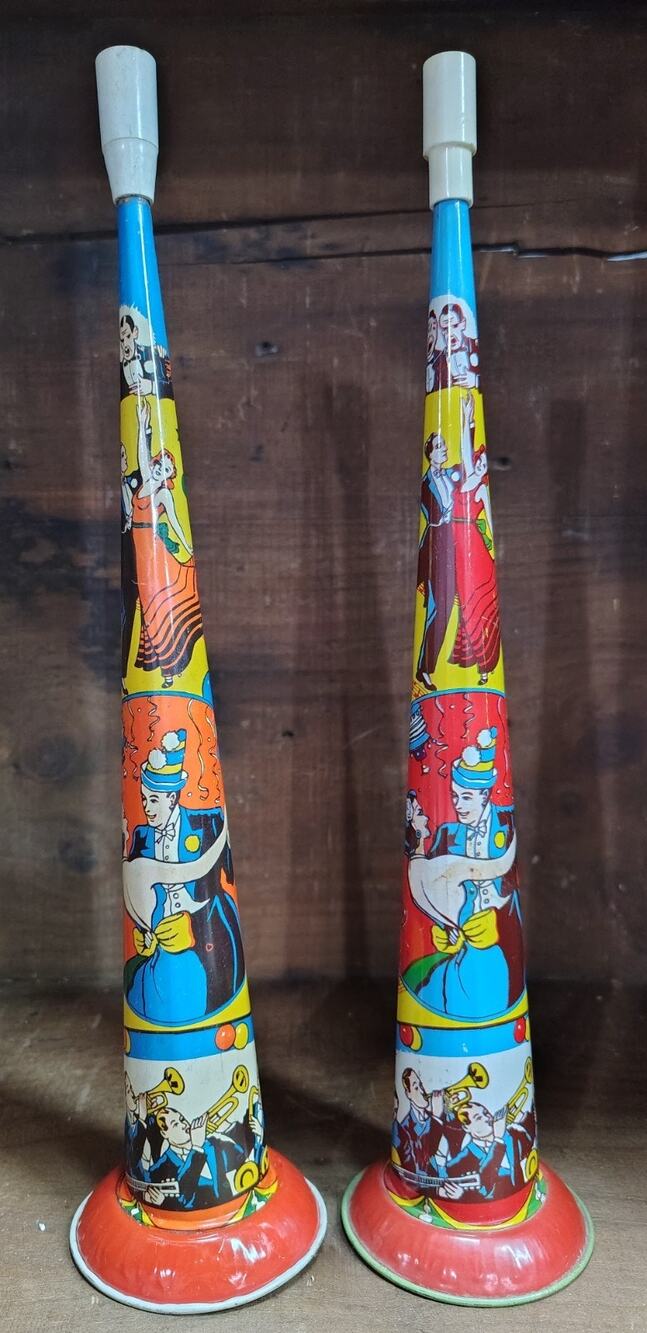 2 Vintage Tin Horn Noise Maker